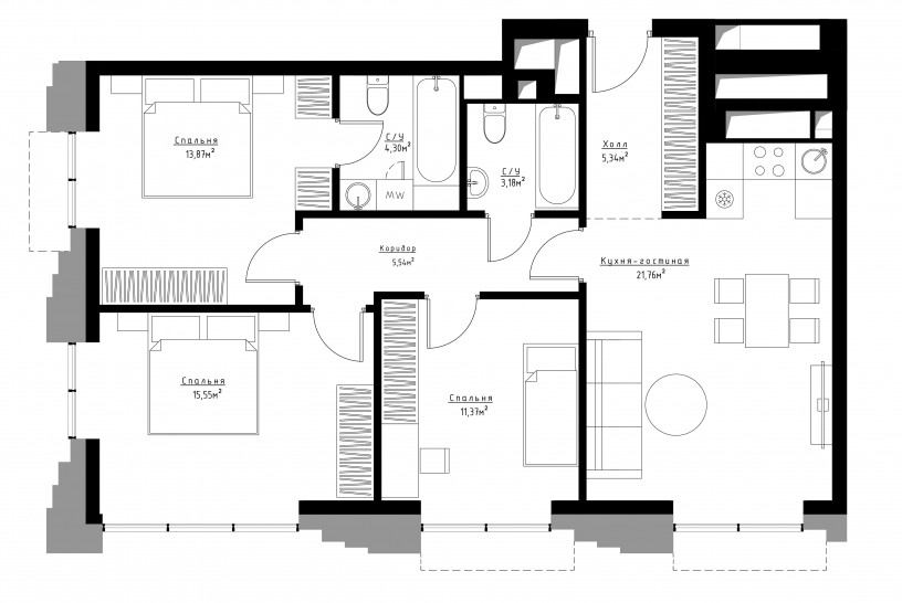 Трёхкомнатная квартира 80 м²