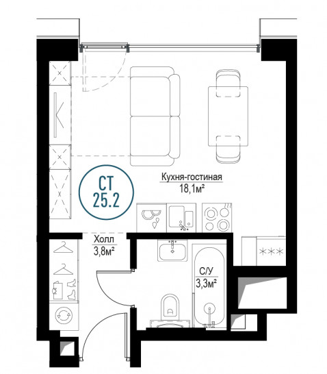Однокомнатная квартира 25 м²