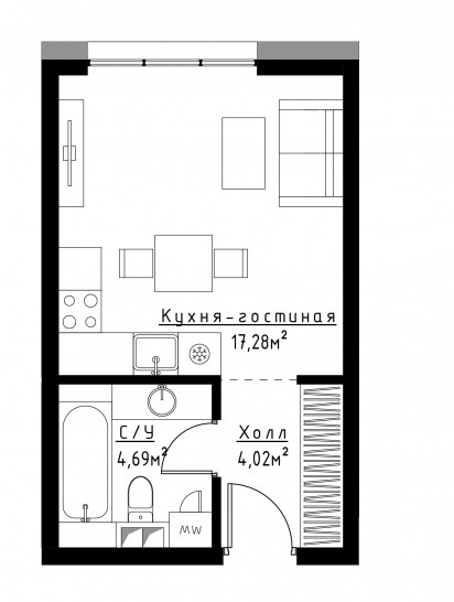 Однокомнатная квартира 26 м²