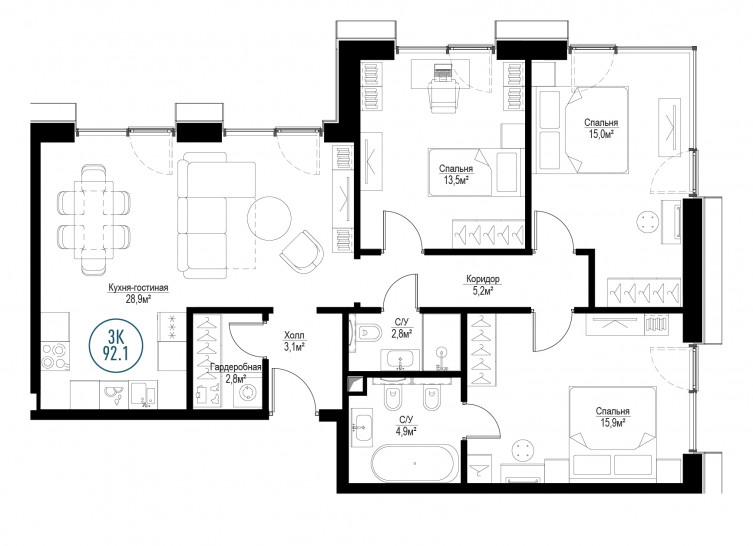 Трёхкомнатная квартира 92 м²