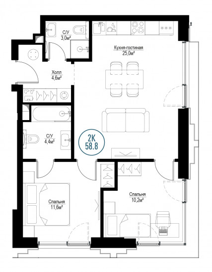 Двухкомнатная квартира 58 м²