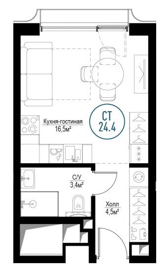 Однокомнатная квартира 24 м²