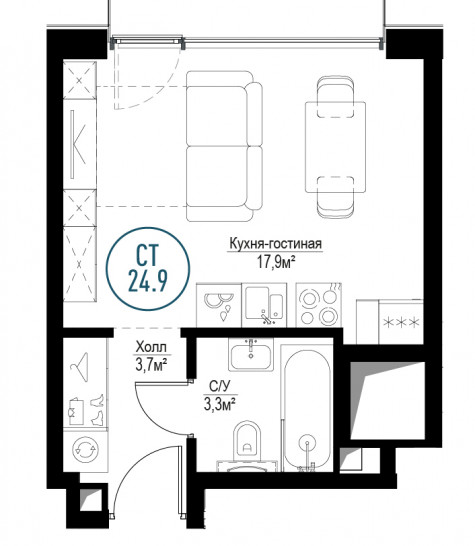 Однокомнатная квартира 24 м²