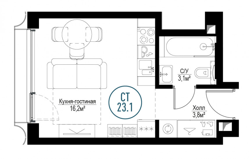 Однокомнатная квартира 23 м²