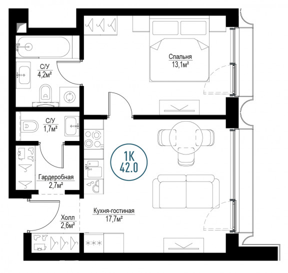 Однокомнатная квартира 42 м²