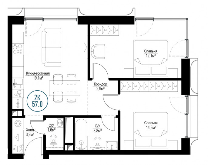 Двухкомнатная квартира 57 м²