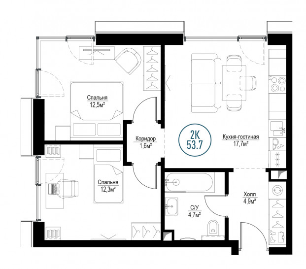 Двухкомнатная квартира 53 м²