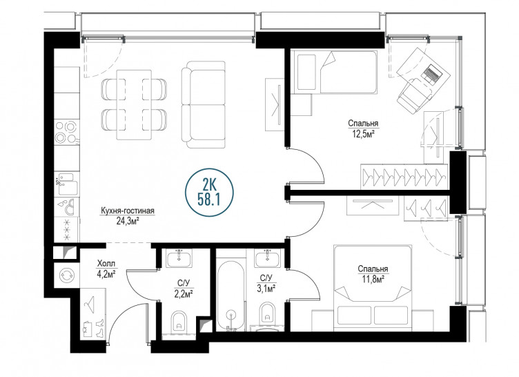 Двухкомнатная квартира 58 м²