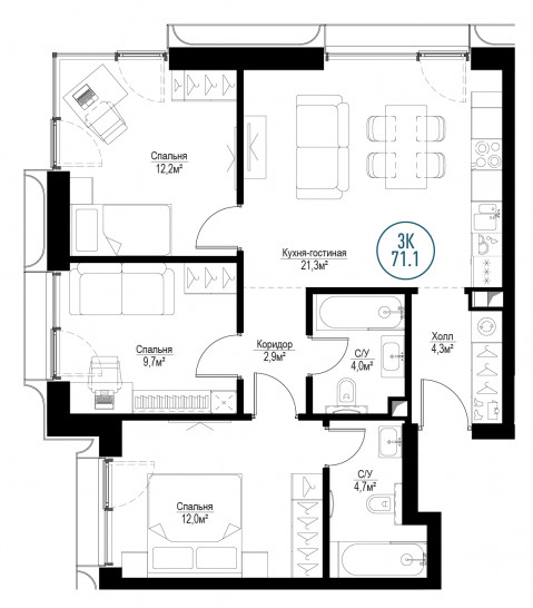 Трёхкомнатная квартира 71 м²