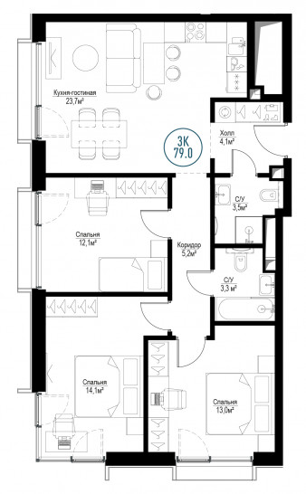 Трёхкомнатная квартира 79 м²