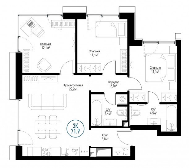 Трёхкомнатная квартира 71 м²