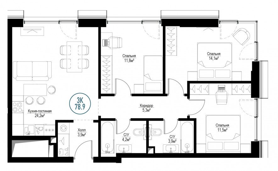 Трёхкомнатная квартира 78 м²