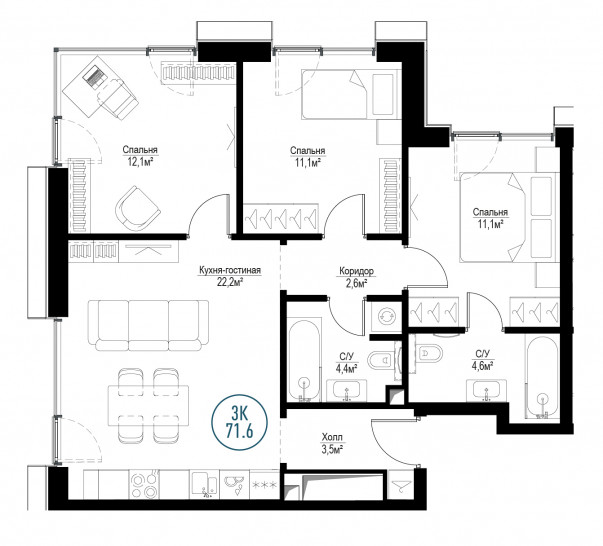 Трёхкомнатная квартира 71 м²