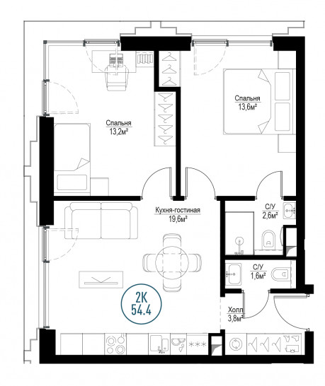 Двухкомнатная квартира 54 м²
