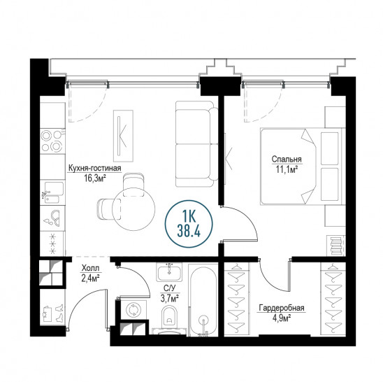 Однокомнатная квартира 38 м²