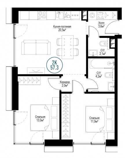 Двухкомнатная квартира 57 м²