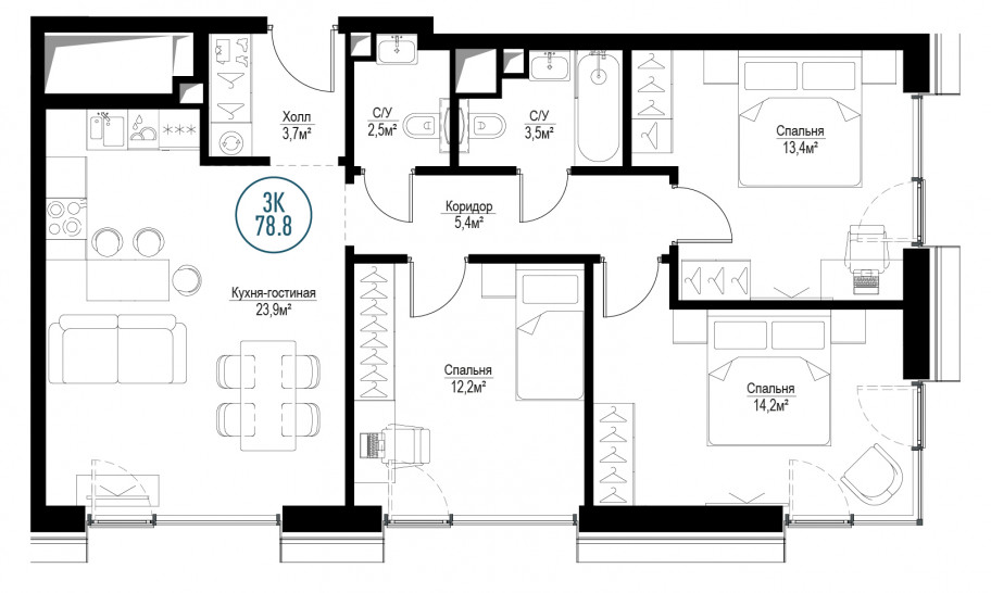 Трёхкомнатная квартира 78 м²
