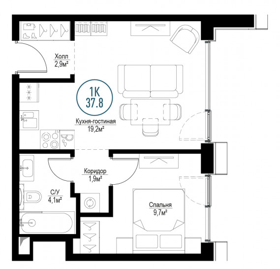 Однокомнатная квартира 37 м²