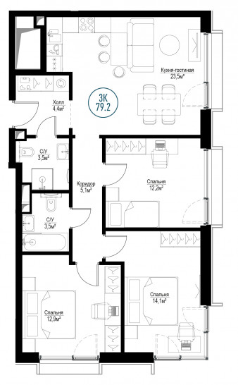Трёхкомнатная квартира 79 м²