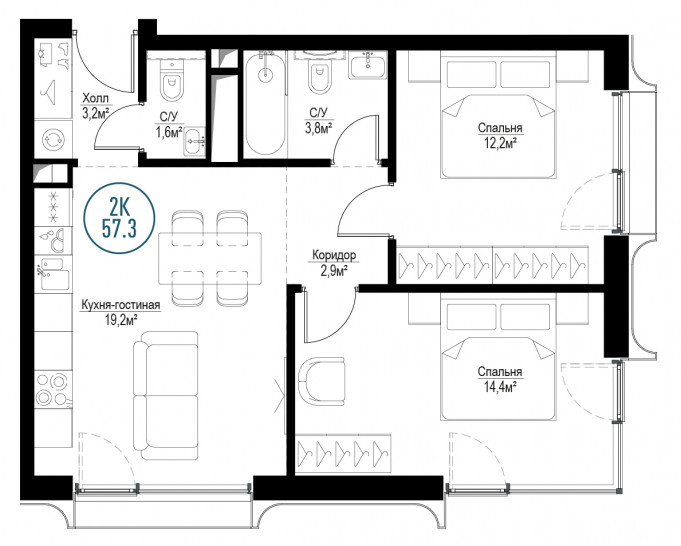 Двухкомнатная квартира 57 м²