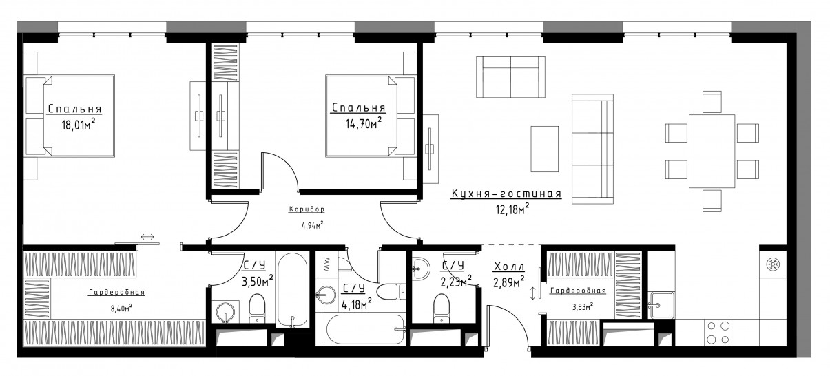 Двухкомнатная квартира 92 м²