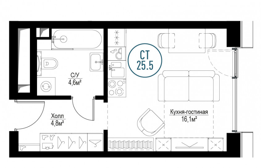 Однокомнатная квартира 25 м²