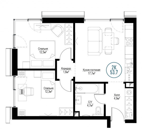 Двухкомнатная квартира 53 м²