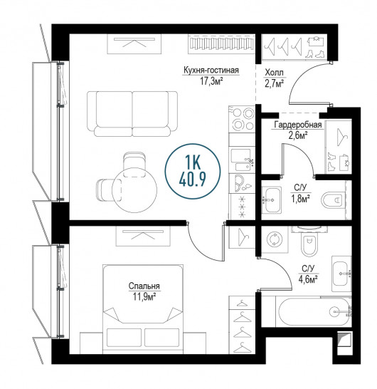 Однокомнатная квартира 40 м²