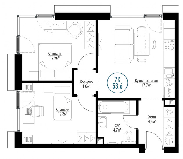 Двухкомнатная квартира 53 м²