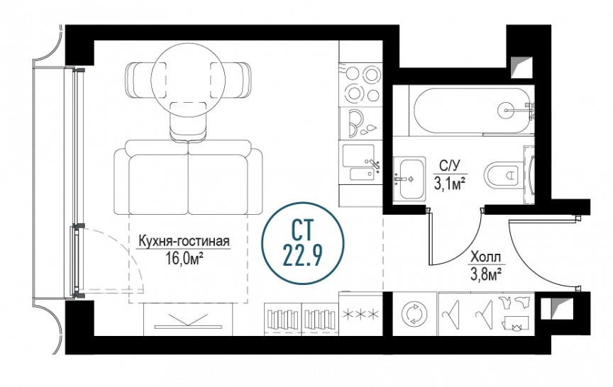 Однокомнатная квартира 22 м²