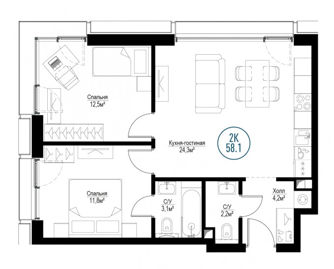 Двухкомнатная квартира 58 м²