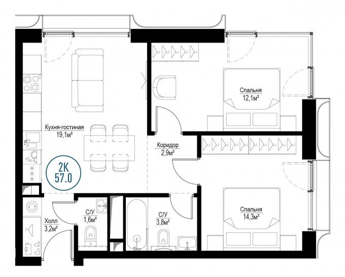 Двухкомнатная квартира 57 м²