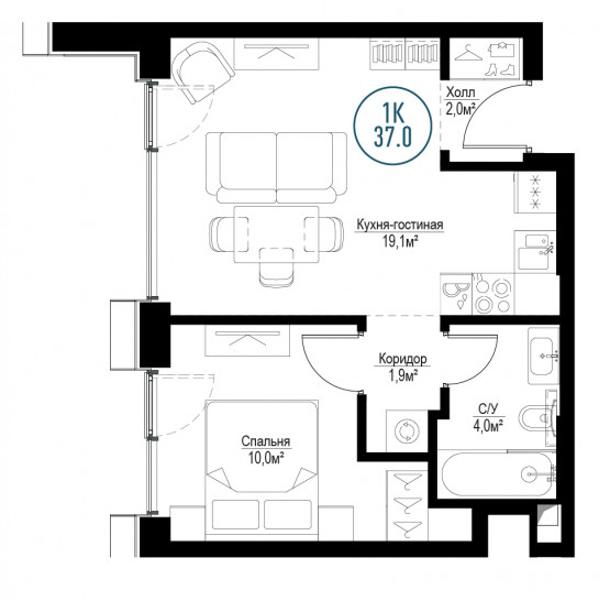 Однокомнатная квартира 37 м²