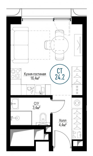 Однокомнатная квартира 24 м²