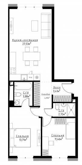 Двухкомнатная квартира 67 м²