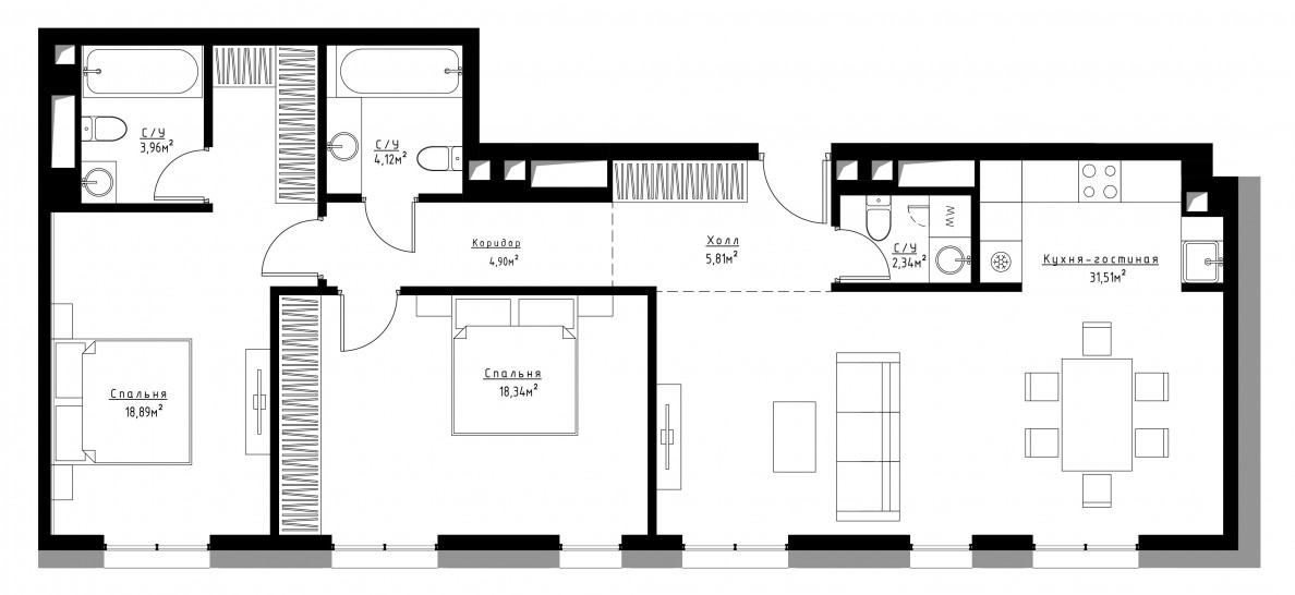 Двухкомнатная квартира 91 м²