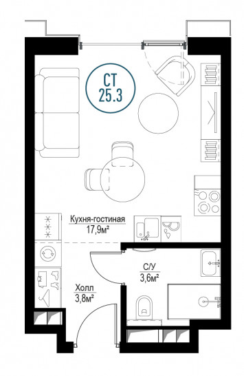 Однокомнатная квартира 25 м²
