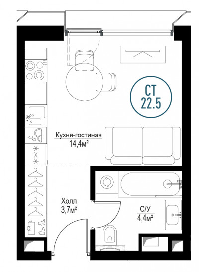 Однокомнатная квартира 22 м²