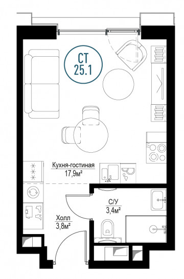 Однокомнатная квартира 25 м²