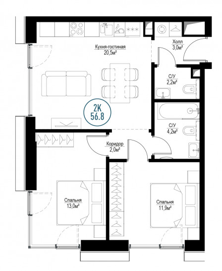 Двухкомнатная квартира 56 м²