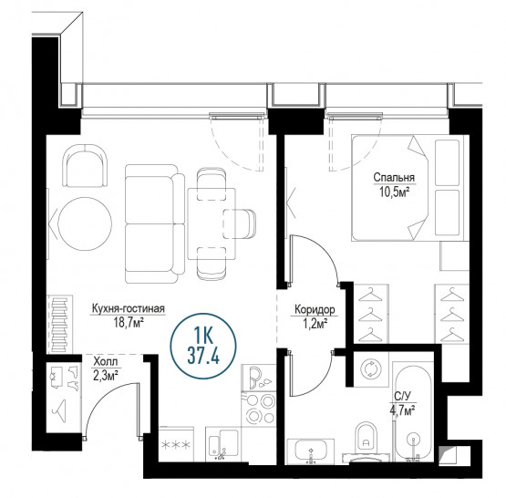 Однокомнатная квартира 37 м²