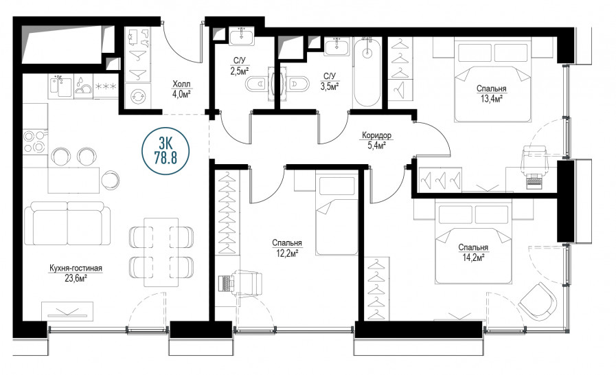 Трёхкомнатная квартира 78 м²
