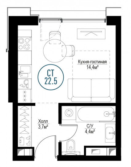 Однокомнатная квартира 22 м²