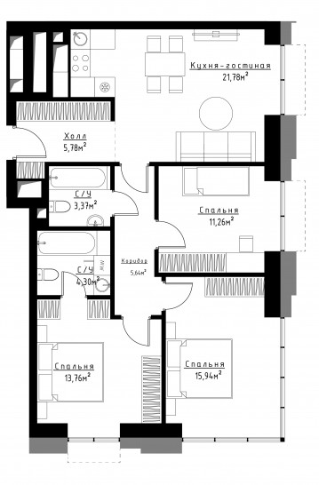 Трёхкомнатная квартира 80 м²