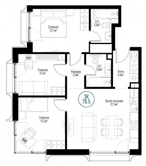 Трёхкомнатная квартира 70 м²