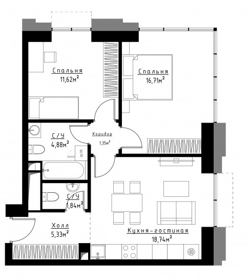 Двухкомнатная квартира 59 м²