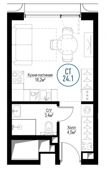 Однокомнатная квартира 24 м²