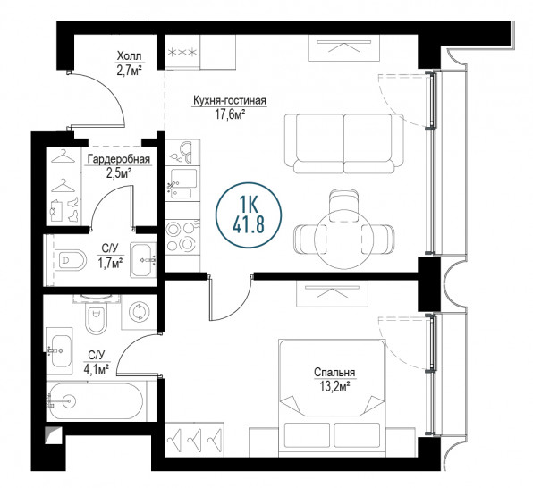 Однокомнатная квартира 41 м²