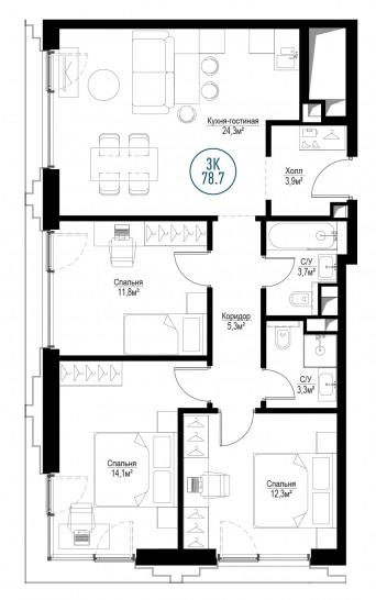 Трёхкомнатная квартира 78 м²