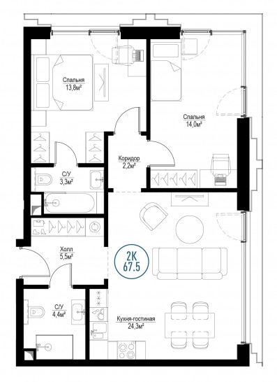 Двухкомнатная квартира 67 м²